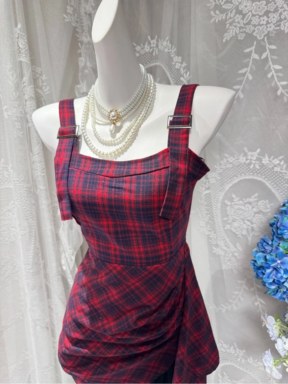 Red Black Plaid Asymmetric Mini Dress